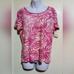 Basic Editions Pink and White Leaf Print Women's Top